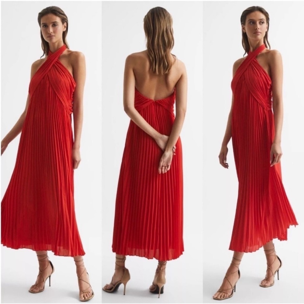 NWT REISS Roya Pleated Halter Dress Red 6